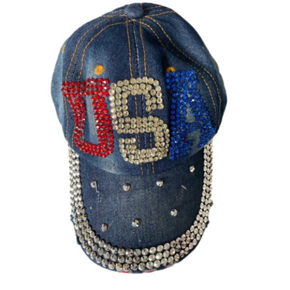 Patriotic USA Embellished Rhinestone Bead Distressed Raw Denim Baseball Cap Hat - Picture 4 of 9